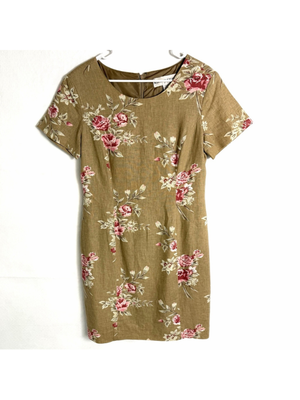 Vintage Linen Blend Floral Sheath Dress Size 12 Short Sleeve Cottagecore 90s